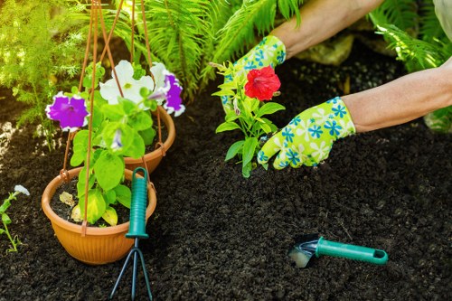 Gardener preparing tools on a grass lawn